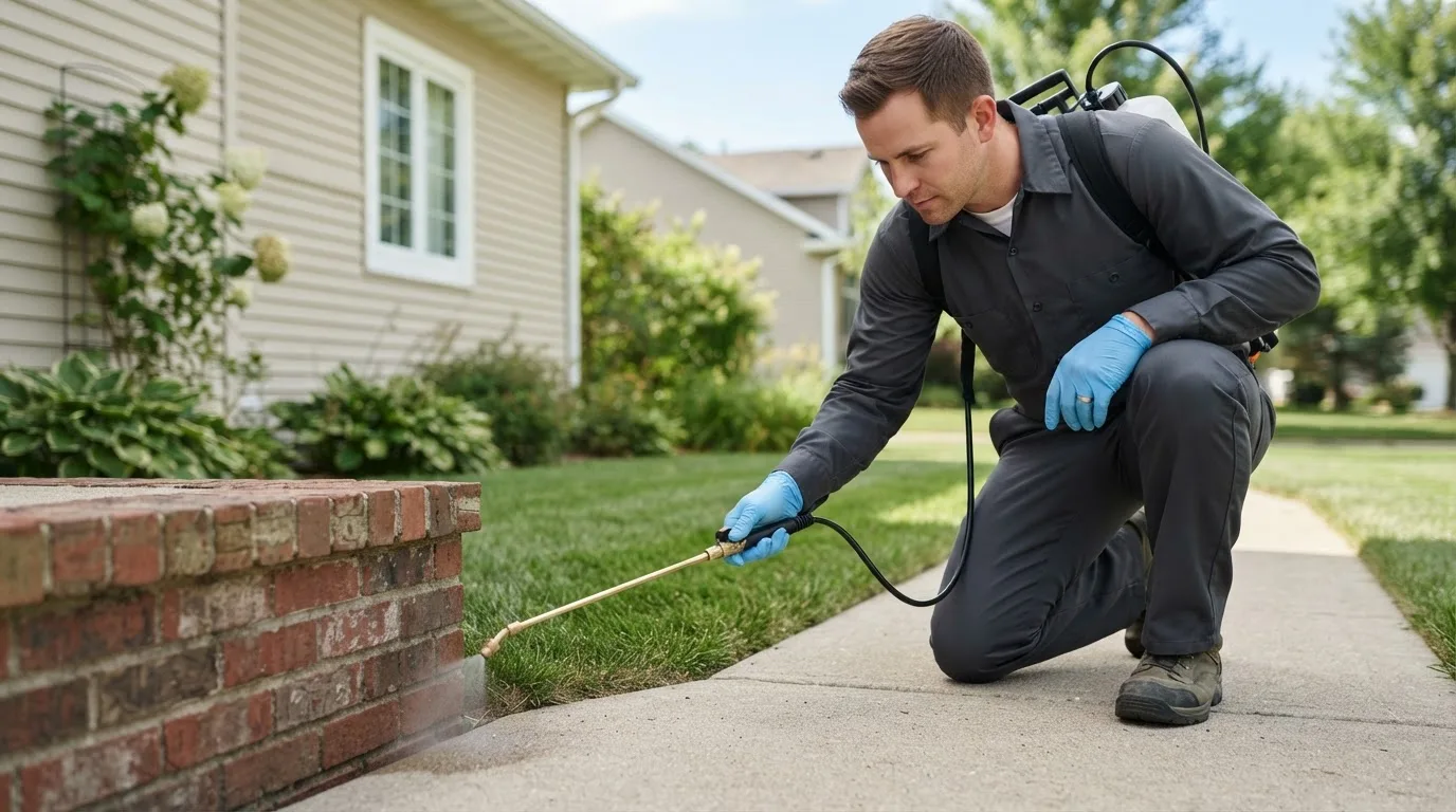 Pest control technician treating a home near Patchogue, NY