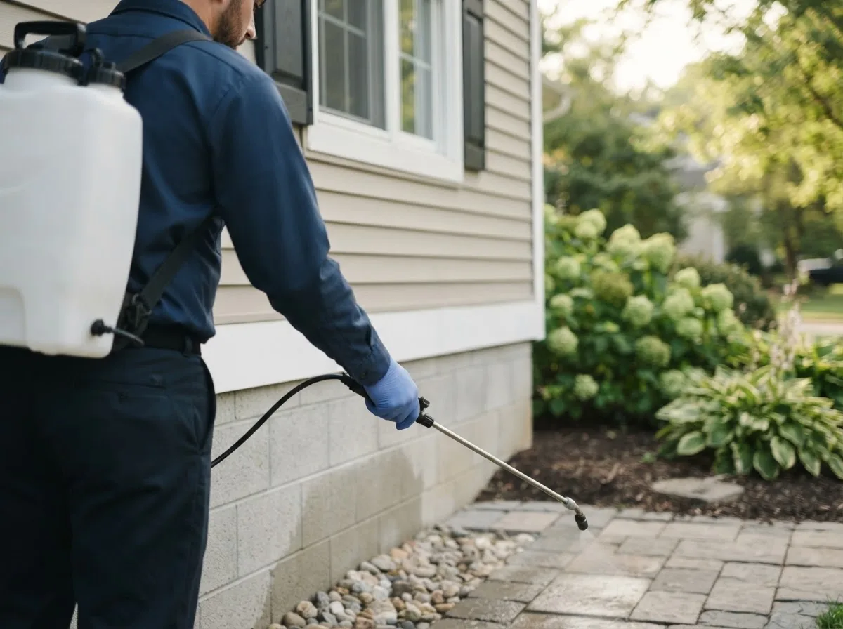 Pest control technician inspecting a home in Patchogue, NY